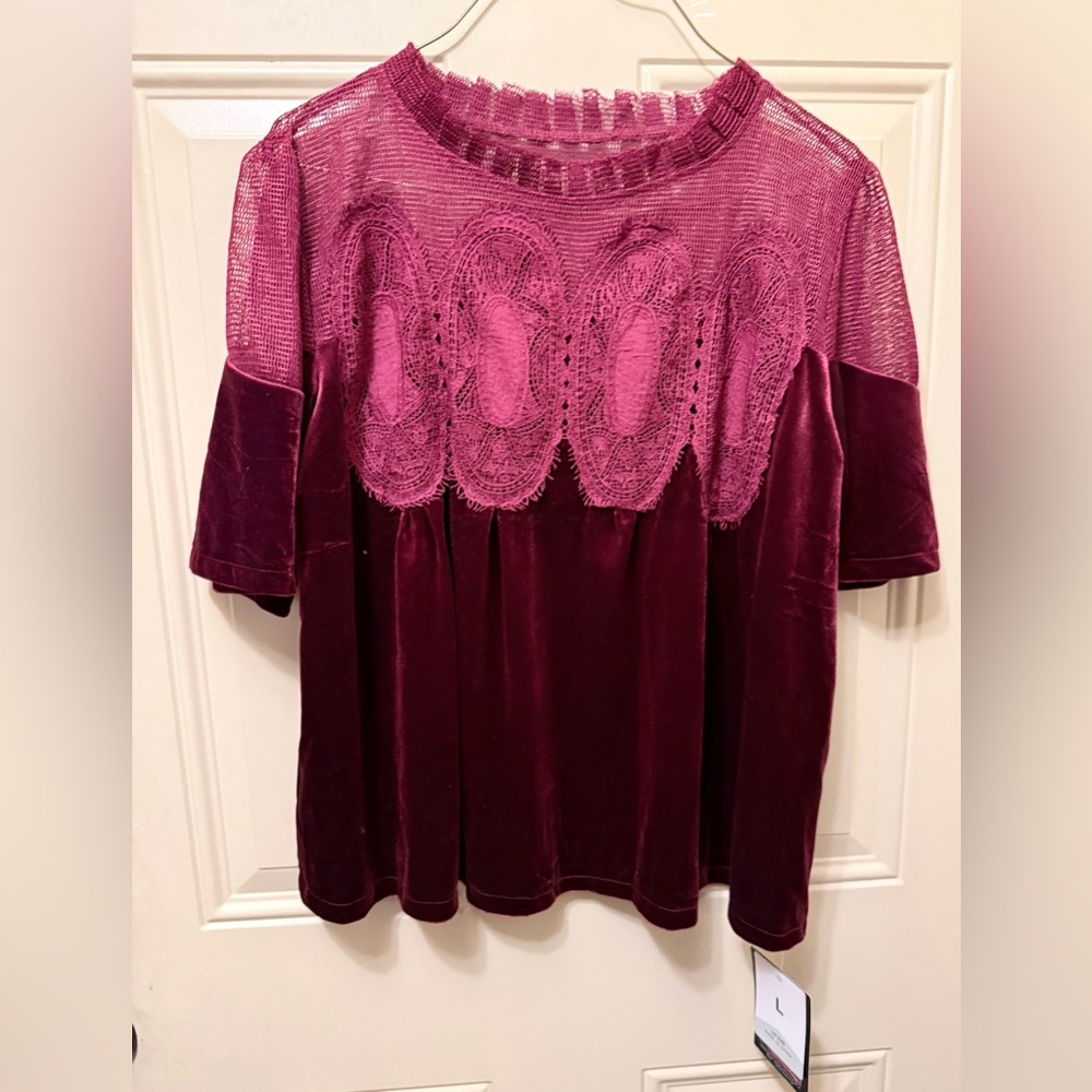 Fashion Clothing Burgundy Velvet and Lace High Neck Blouse Size Large